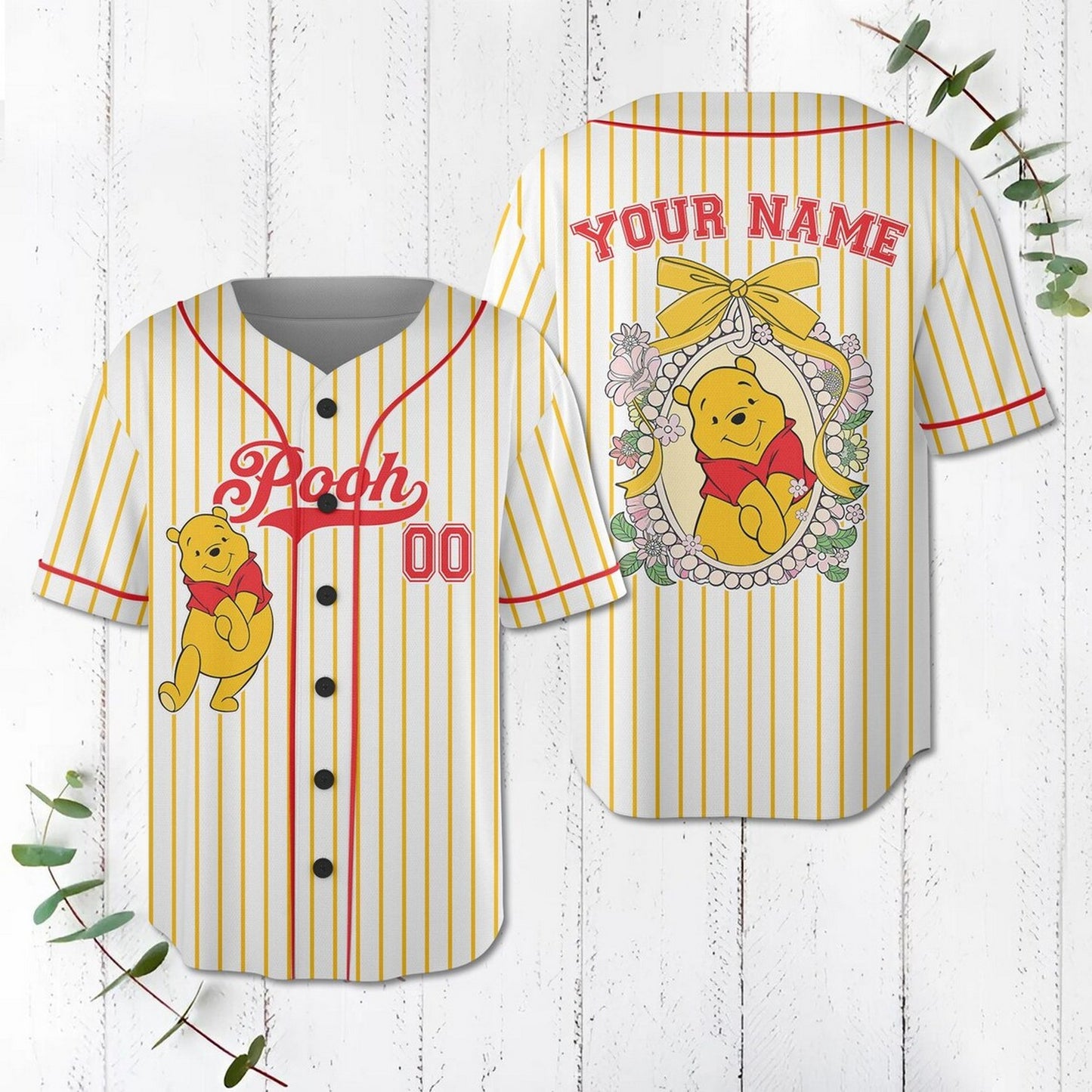 Custom Name And Number Coquette Bow Winnie Pooh Baseball Jersey