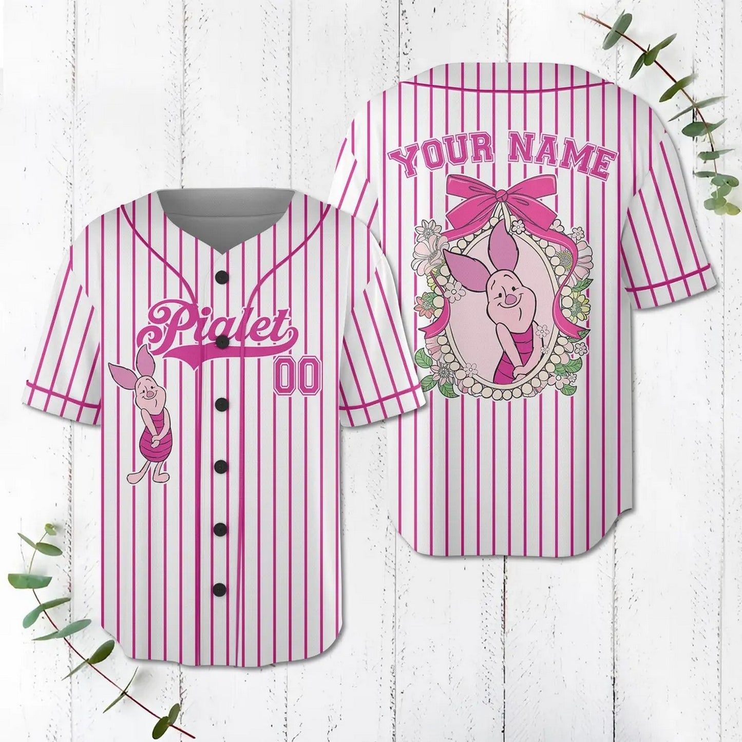 Custom Name And Number Coquette Bow Winnie The Pooh Piglet Baseball Jersey
