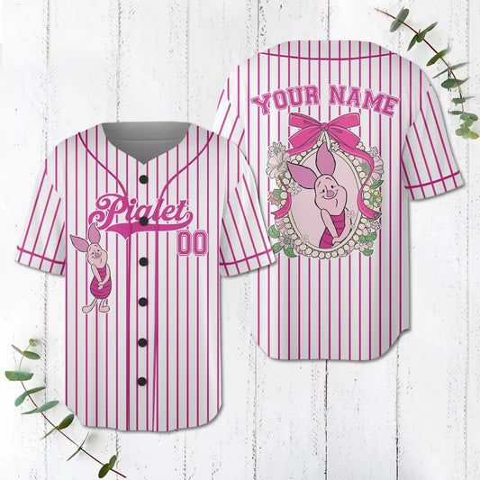 Custom Name And Number Coquette Bow Winnie The Pooh Piglet Baseball Jersey