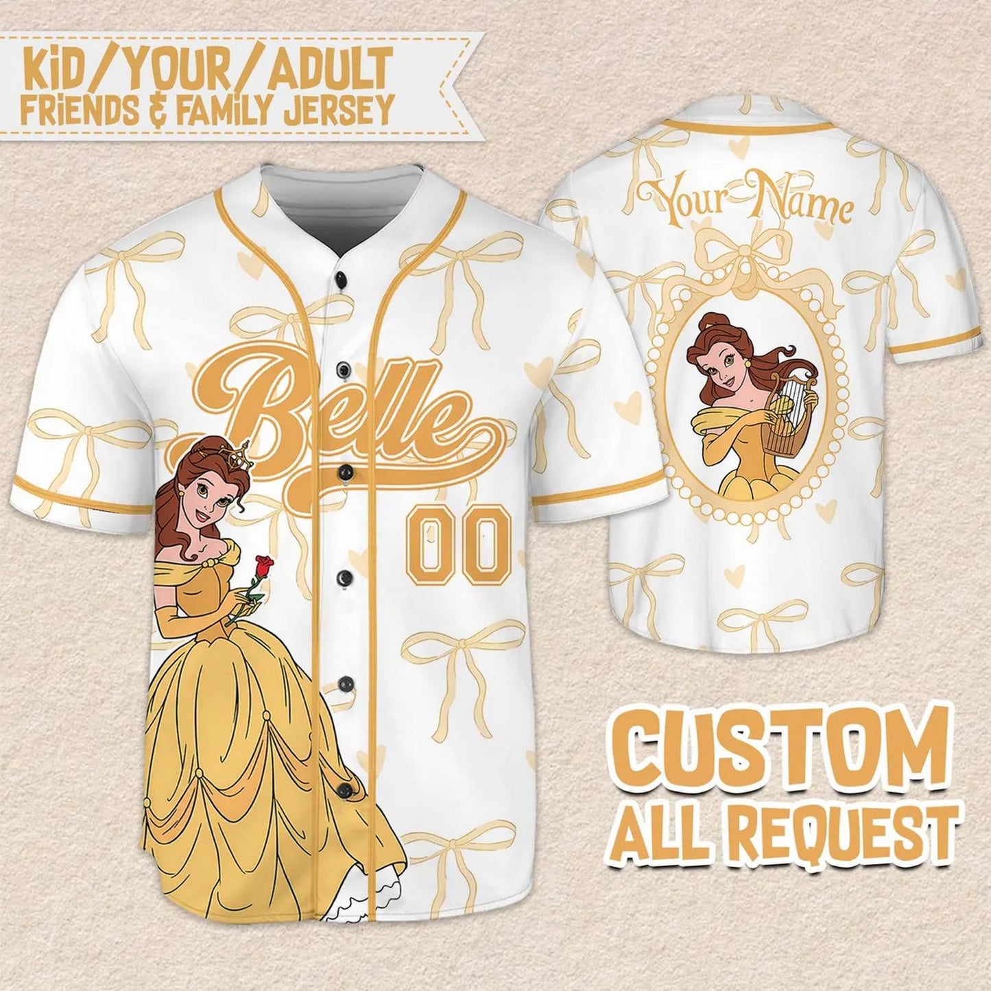 Custom Name And Number Coquette Disney Princess Belle Baseball Jersey