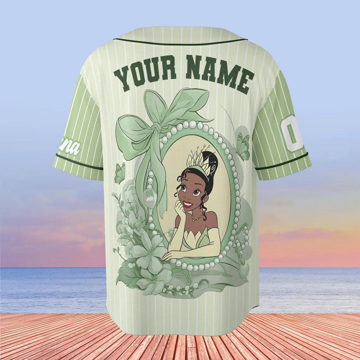 Custom Name And Number Coquette Princess Tiana Green Baseball Jersey