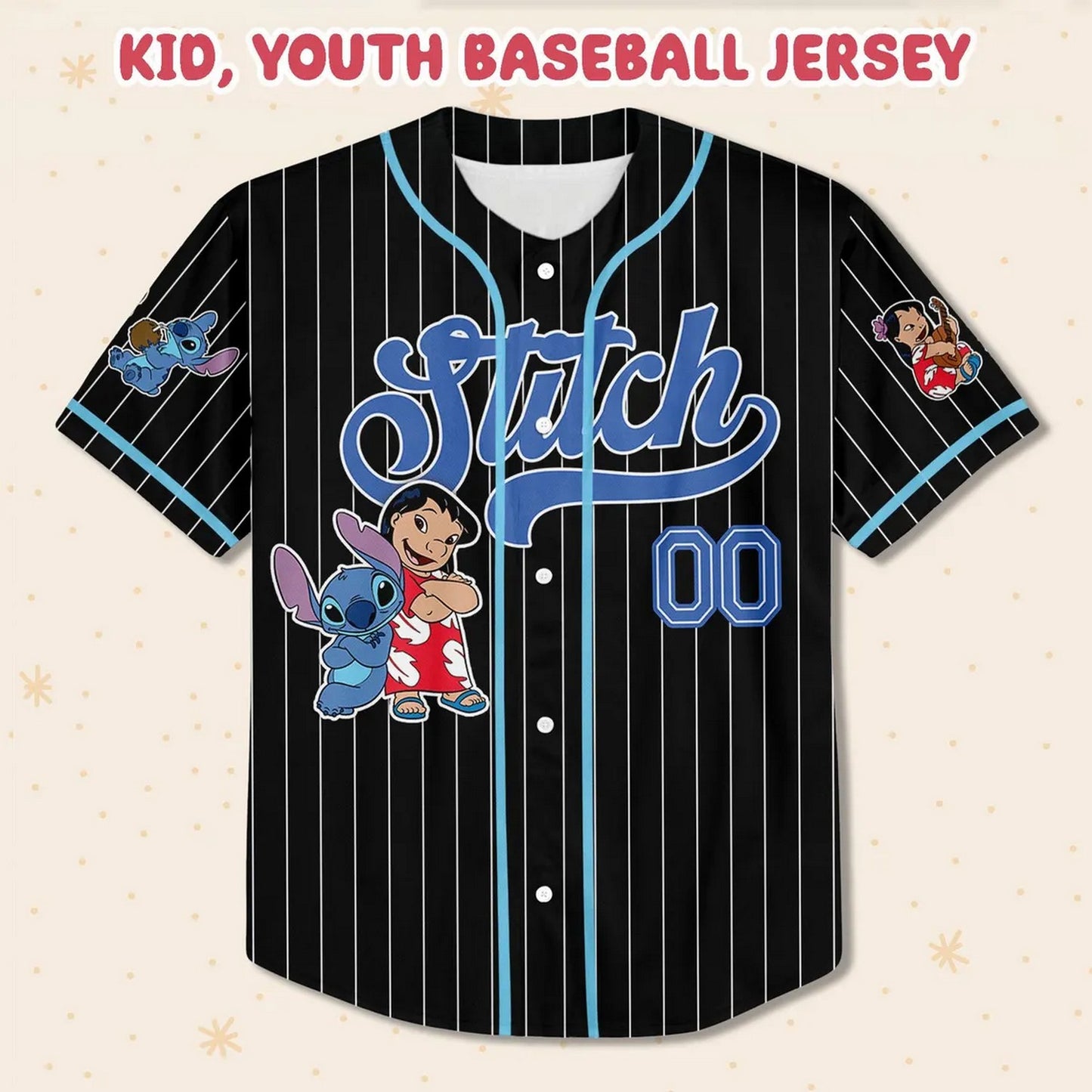 Custom Name And Number Cute Lilo And Stitch Summer Beach Black Baseball Jersey