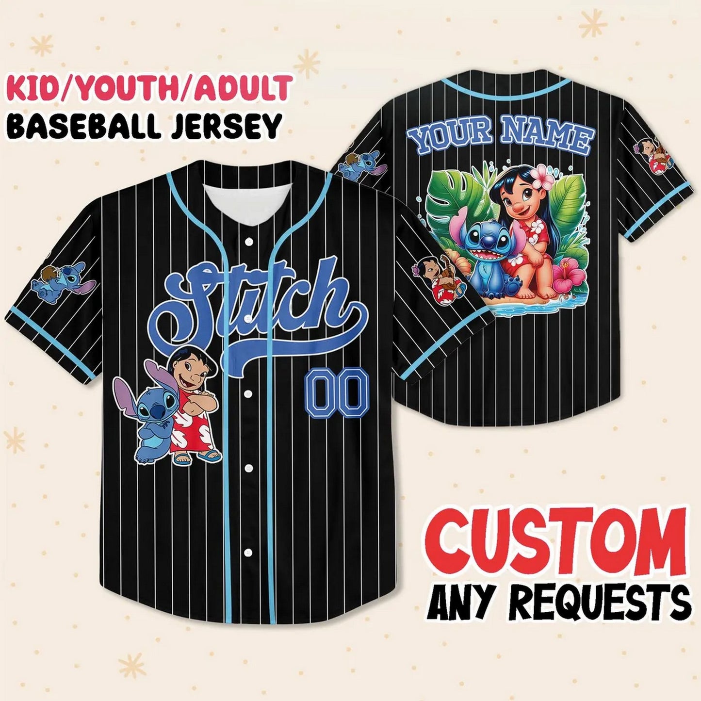 Custom Name And Number Cute Lilo And Stitch Summer Beach Black Baseball Jersey