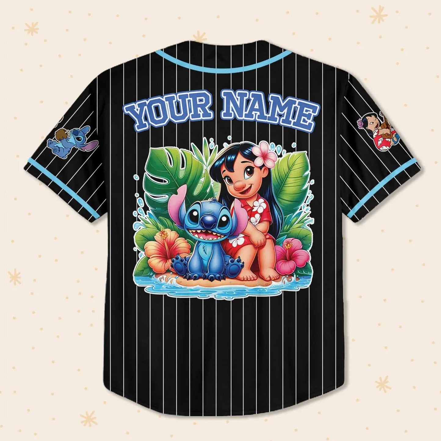 Custom Name And Number Cute Lilo And Stitch Summer Beach Black Baseball Jersey