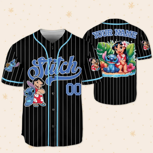 Custom Name And Number Cute Lilo And Stitch Summer Beach Black Baseball Jersey
