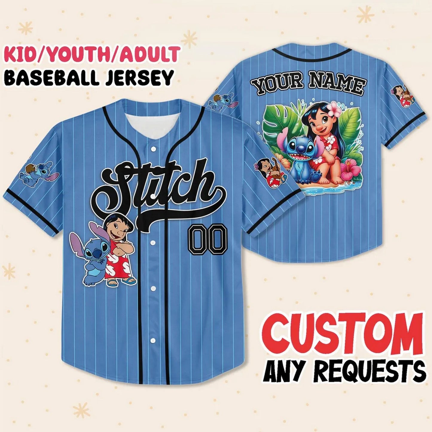 Custom Name And Number Cute Lilo And Stitch Summer Beach Blue Baseball Jersey