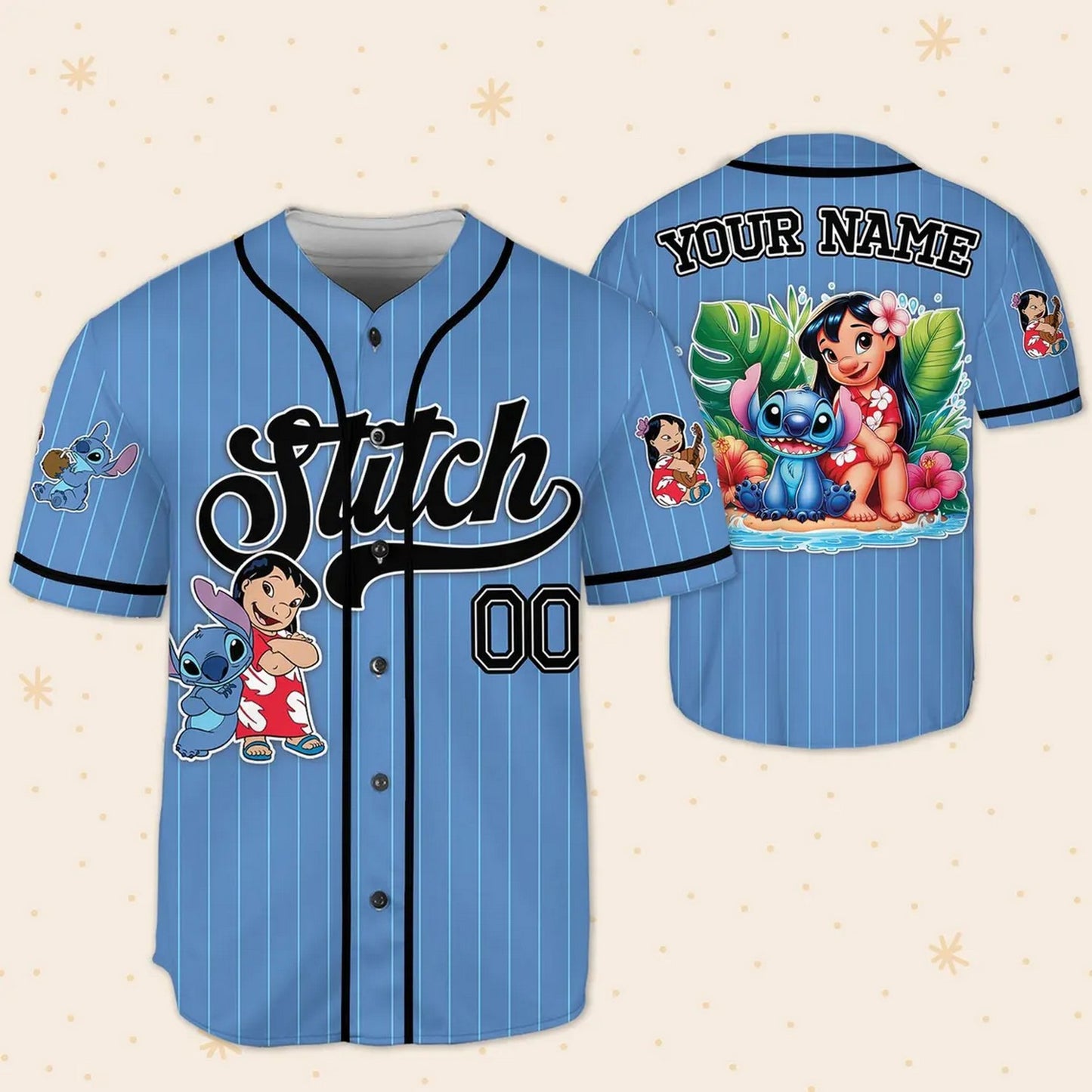 Custom Name And Number Cute Lilo And Stitch Summer Beach Blue Baseball Jersey