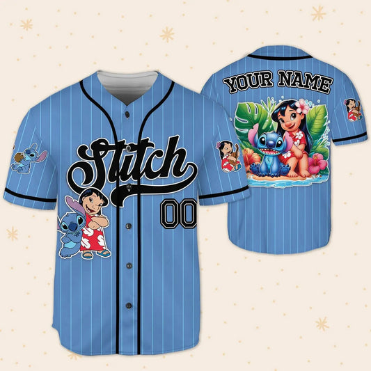 Custom Name And Number Cute Lilo And Stitch Summer Beach Blue Baseball Jersey