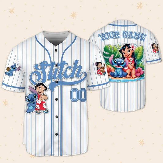 Custom Name And Number Cute Lilo And Stitch Summer Beach White Baseball Jersey