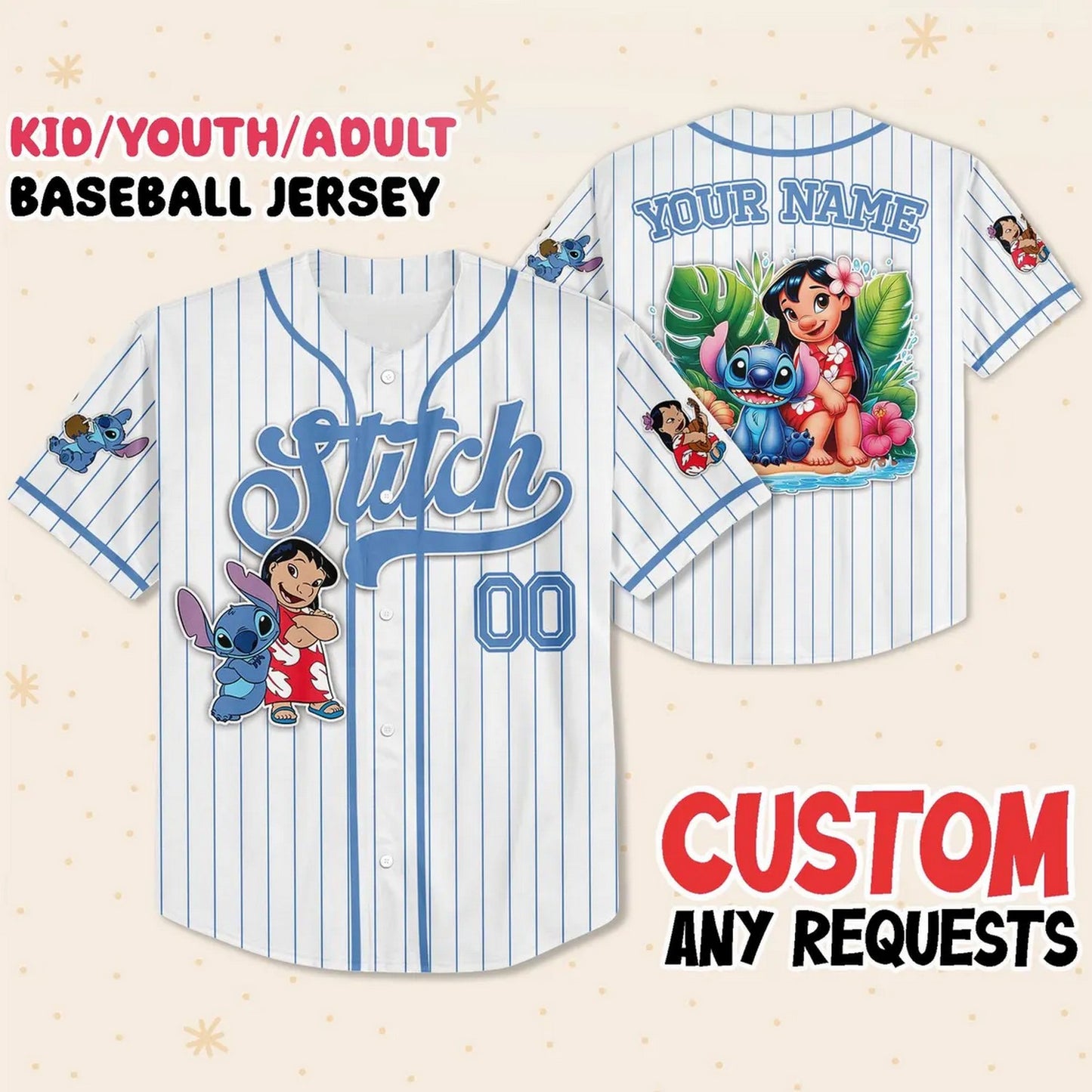 Custom Name And Number Cute Lilo And Stitch Summer Beach White Baseball Jersey
