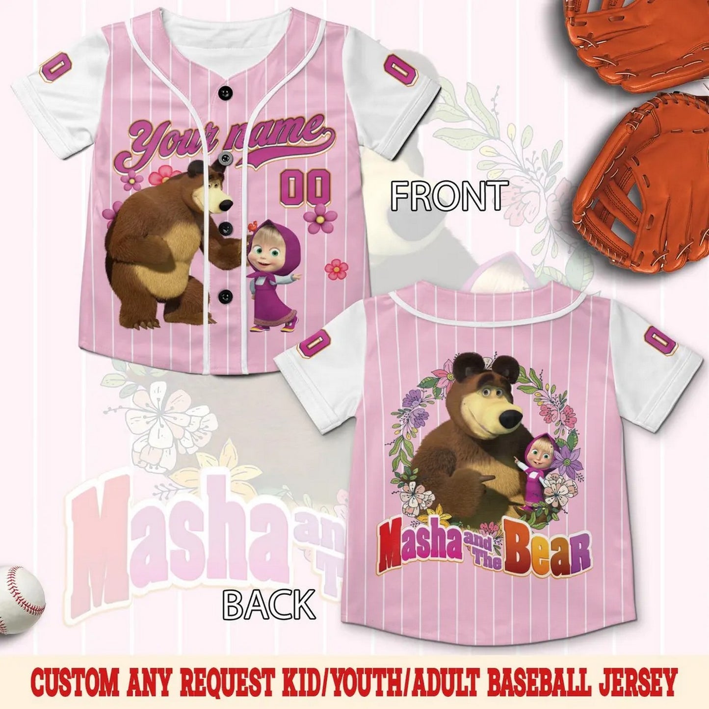Custom Name And Number Cute Masha And The Bear Baseball Jersey