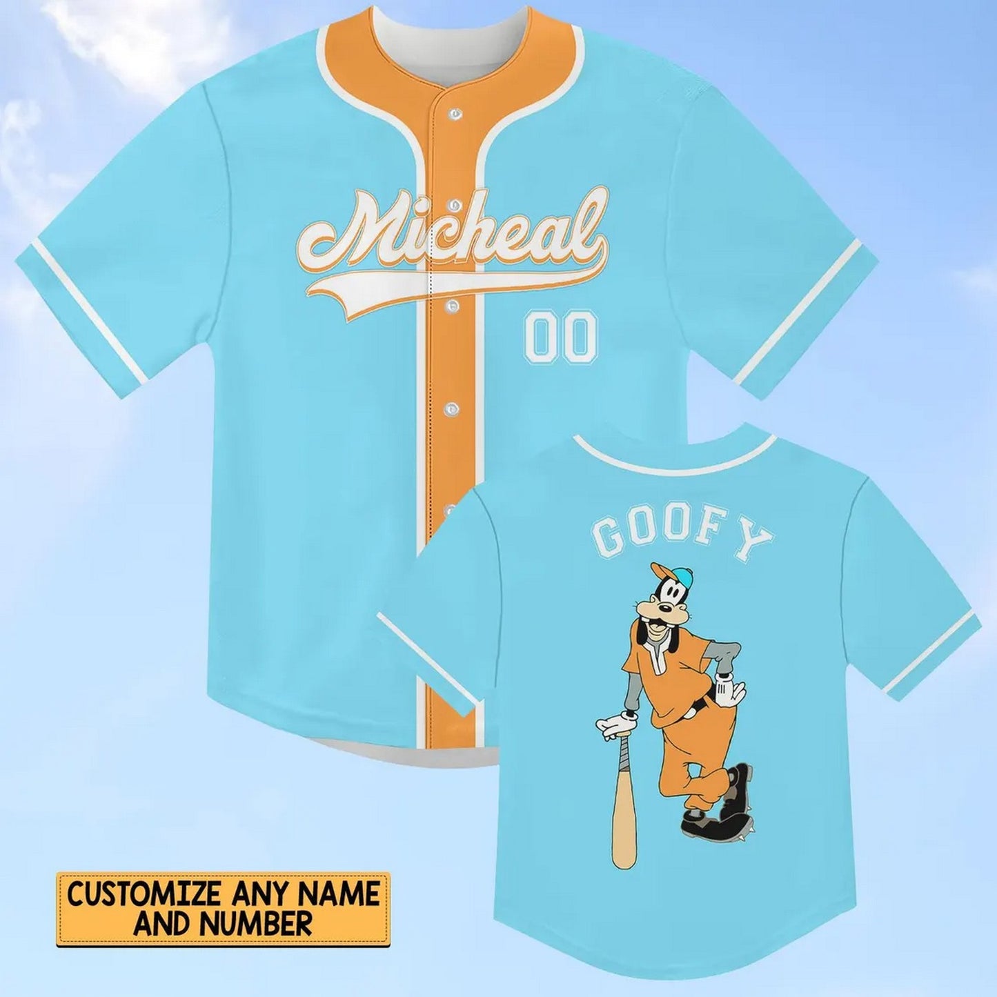 Custom Name And Number Disney Goofy Light Blue Baseball Jersey
