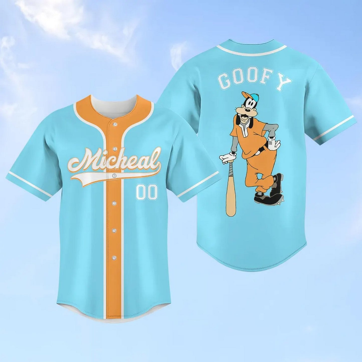 Custom Name And Number Disney Goofy Light Blue Baseball Jersey