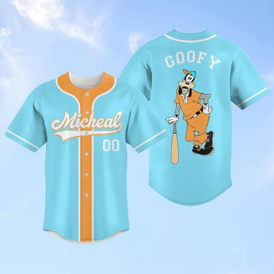 Custom Name And Number Disney Goofy Light Blue Baseball Jersey