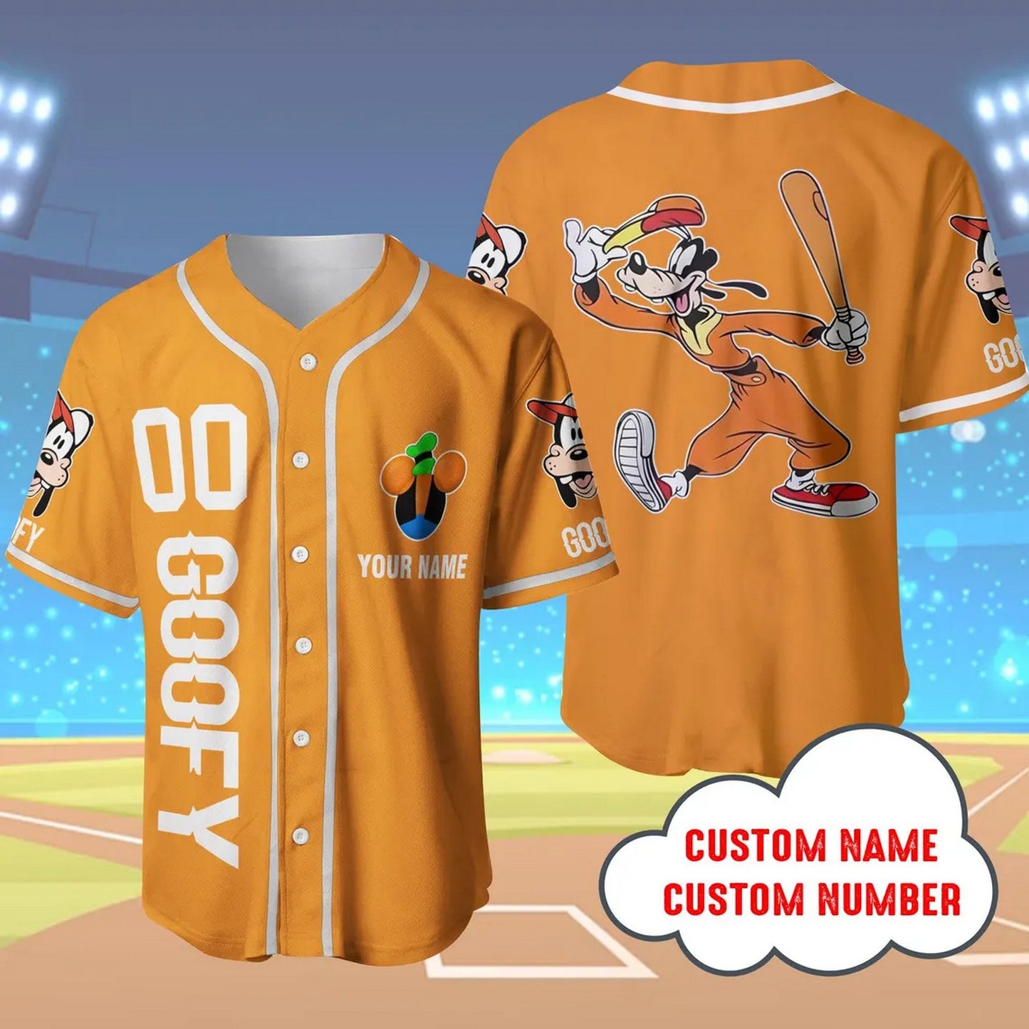 Custom Name And Number Disney Goofy Orange Baseball Jersey