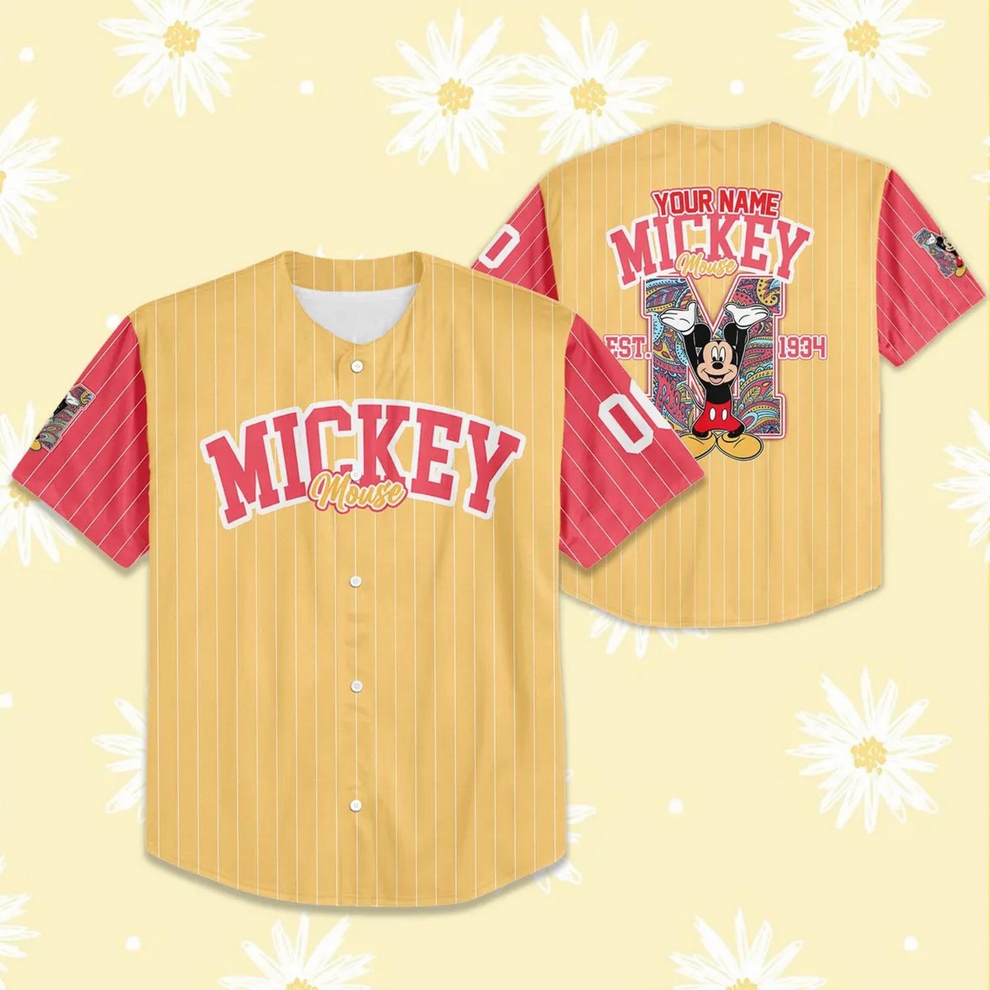 Custom Name And Number Disney Mickey Mouse Yellow Red Baseball Jersey