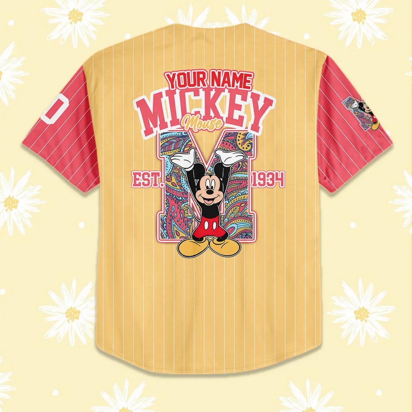 Custom Name And Number Disney Mickey Mouse Yellow Red Baseball Jersey