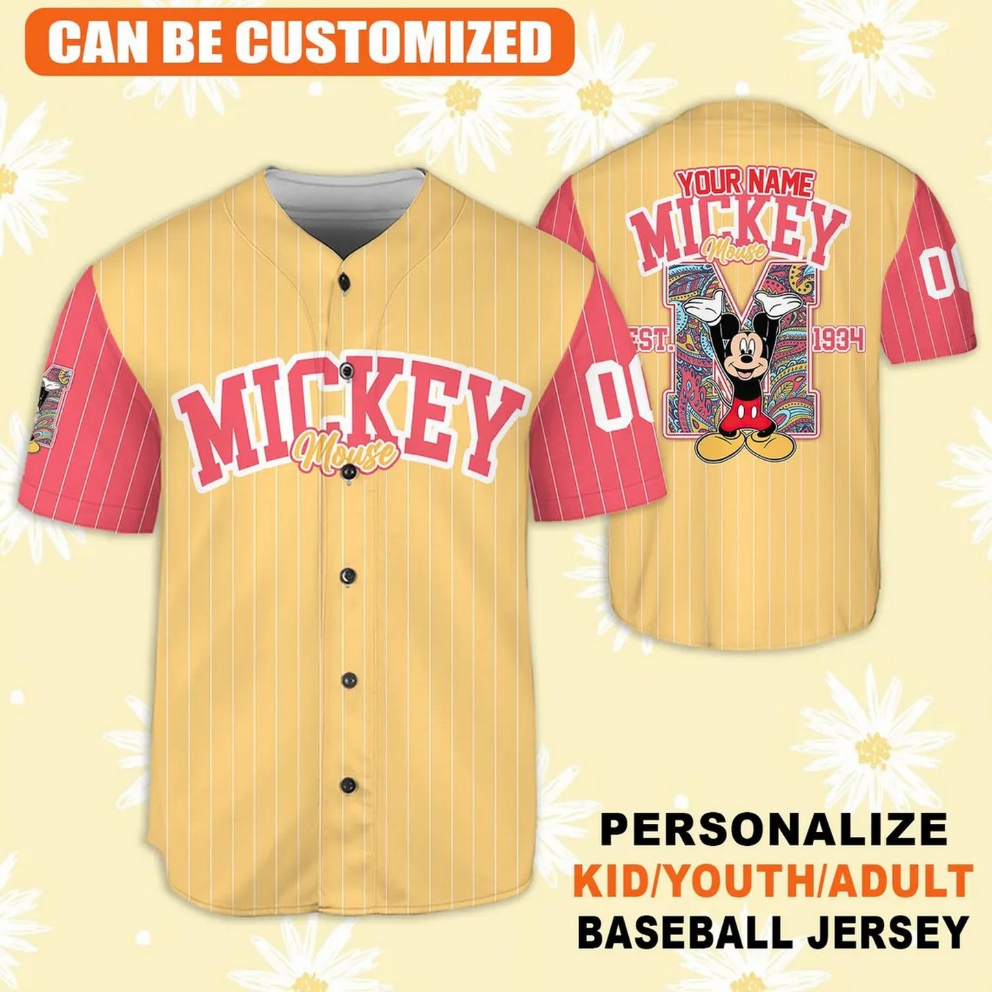Custom Name And Number Disney Mickey Mouse Yellow Red Baseball Jersey