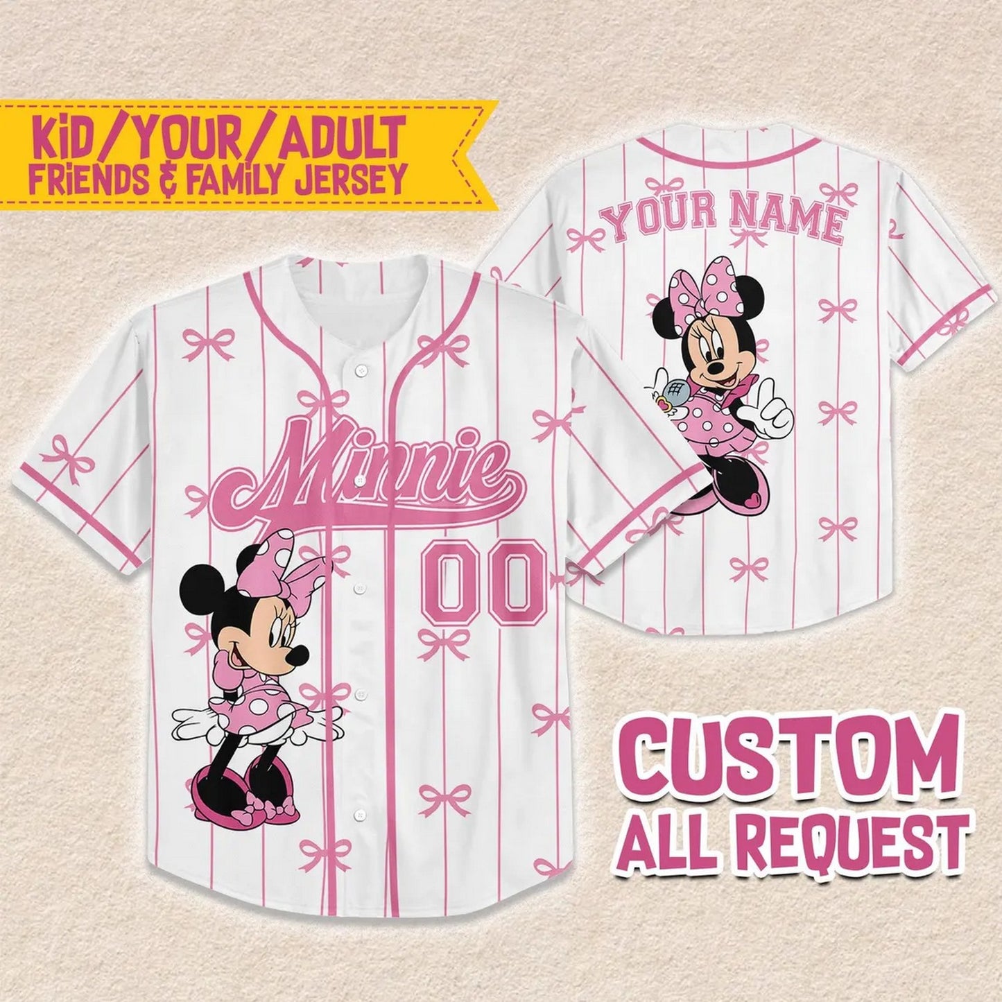 Custom Name And Number Disney Minnie Mouse And Tiny Bow Tie Baseball Jersey