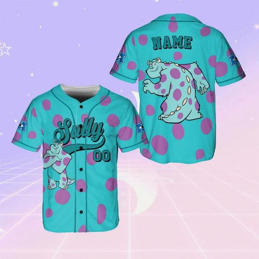 Custom Name And Number Disney Monsters Inc Sullivan Blue And Purle Polka Dots Baseball Jersey