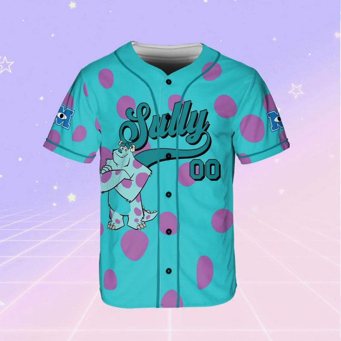 Custom Name And Number Disney Monsters Inc Sullivan Blue And Purle Polka Dots Baseball Jersey