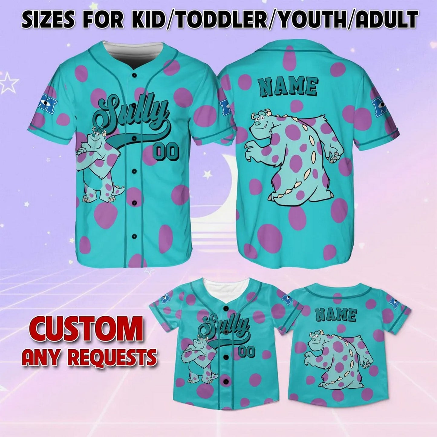 Custom Name And Number Disney Monsters Inc Sullivan Blue And Purle Polka Dots Baseball Jersey
