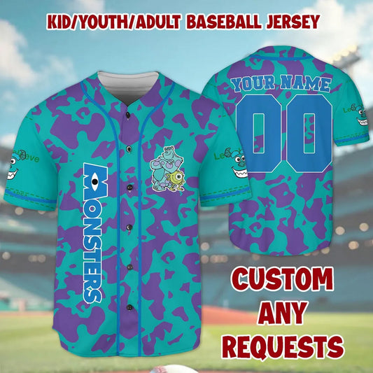 Custom Name And Number Disney Monsters Inc Sullivan Blue Baseball Jersey