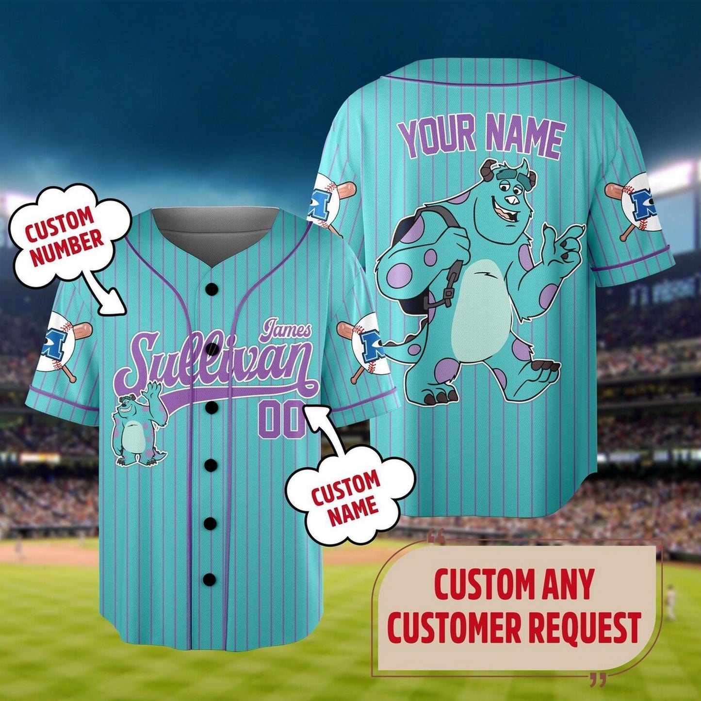 Custom Name And Number Disney Monsters Inc Sullivan Blue Vertical Baseball Jersey