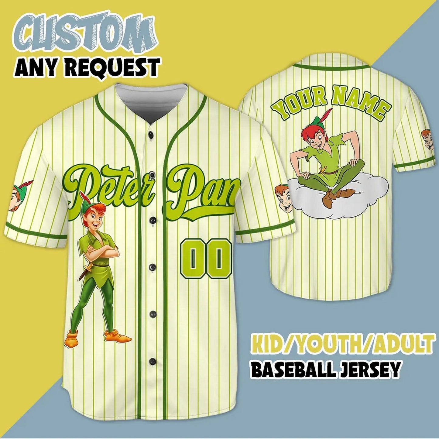 Custom Name And Number Disney Peter Pan Baseball Jersey