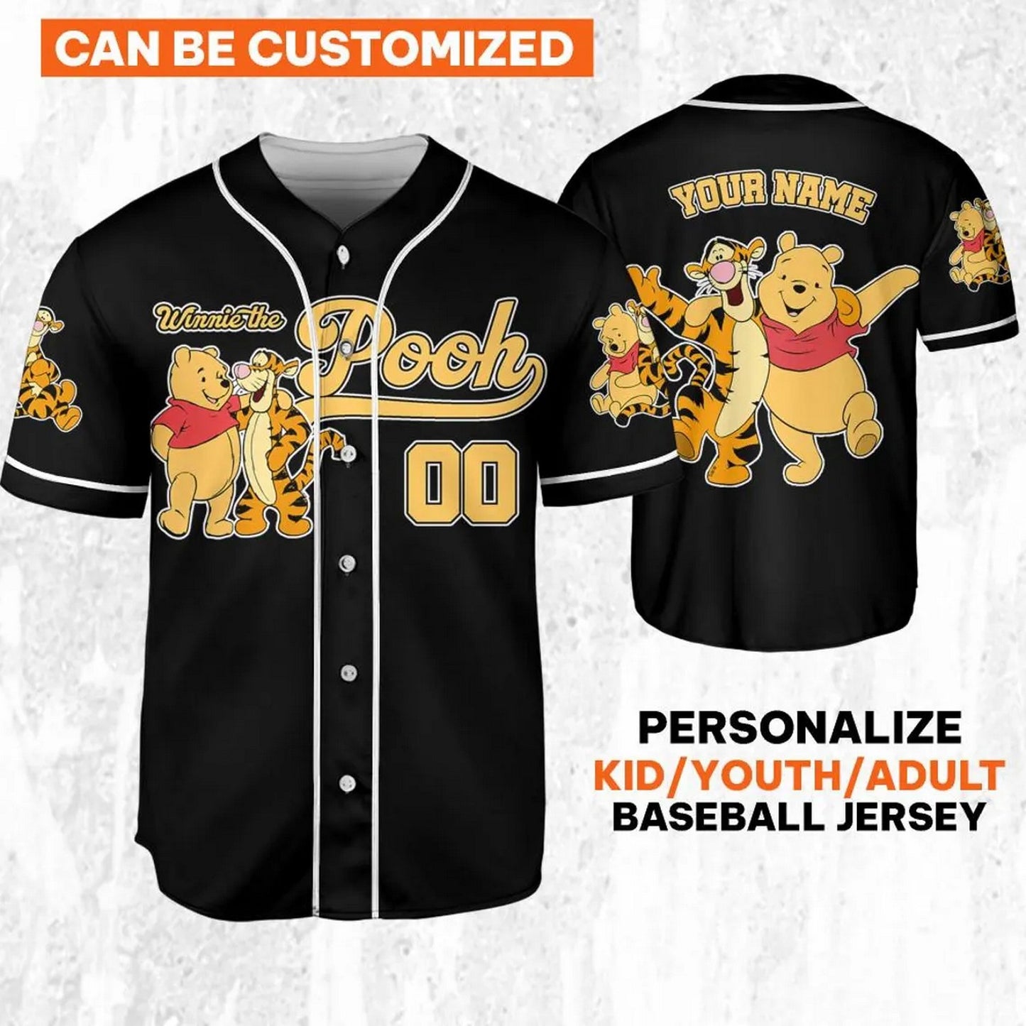 Custom Name And Number Disney Pooh And Tiger Cute Striped Black Baseball Jersey