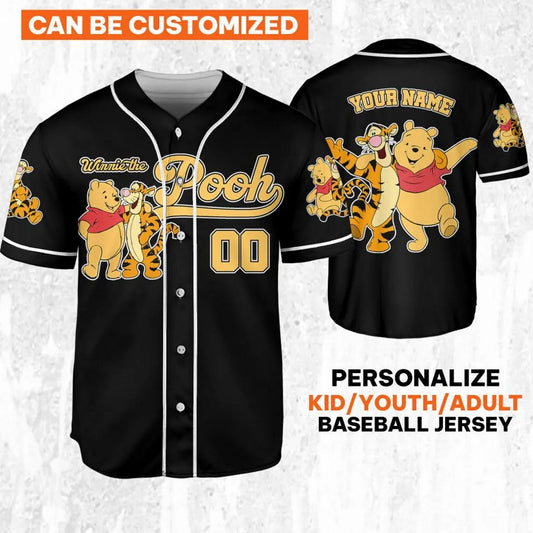 Custom Name And Number Disney Pooh And Tiger Cute Striped Black Baseball Jersey