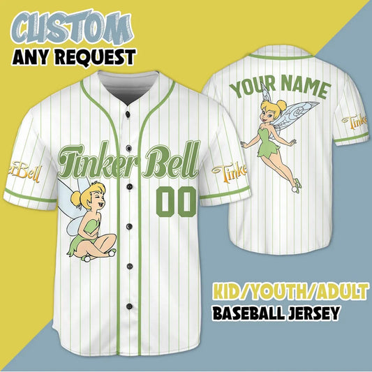 Custom Name And Number Happy Disney Tinkerbell Baseball Jersey