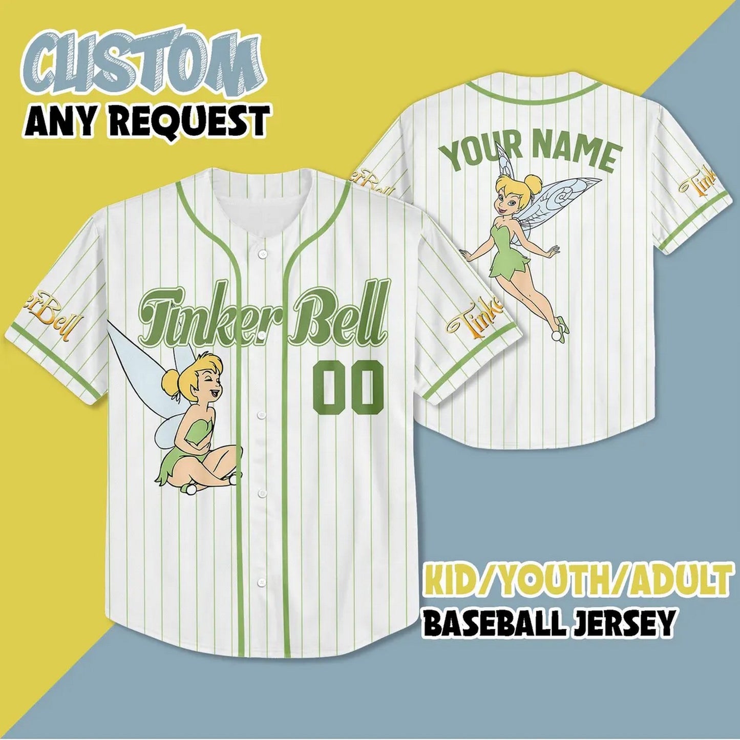 Custom Name And Number Happy Disney Tinkerbell Baseball Jersey