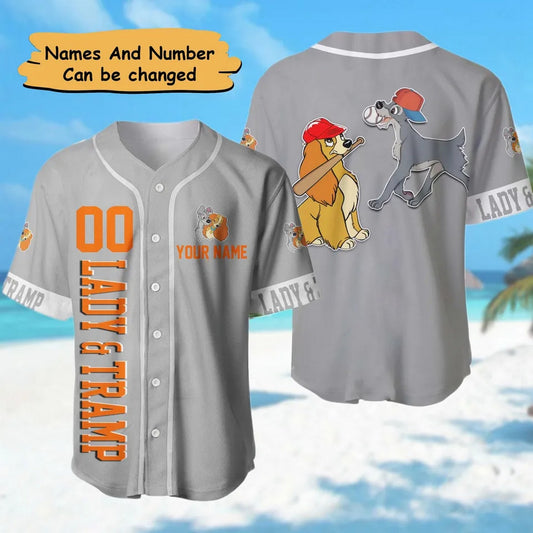 Custom Name And Number Lady And Tramp Dog Gray Baseball Jersey
