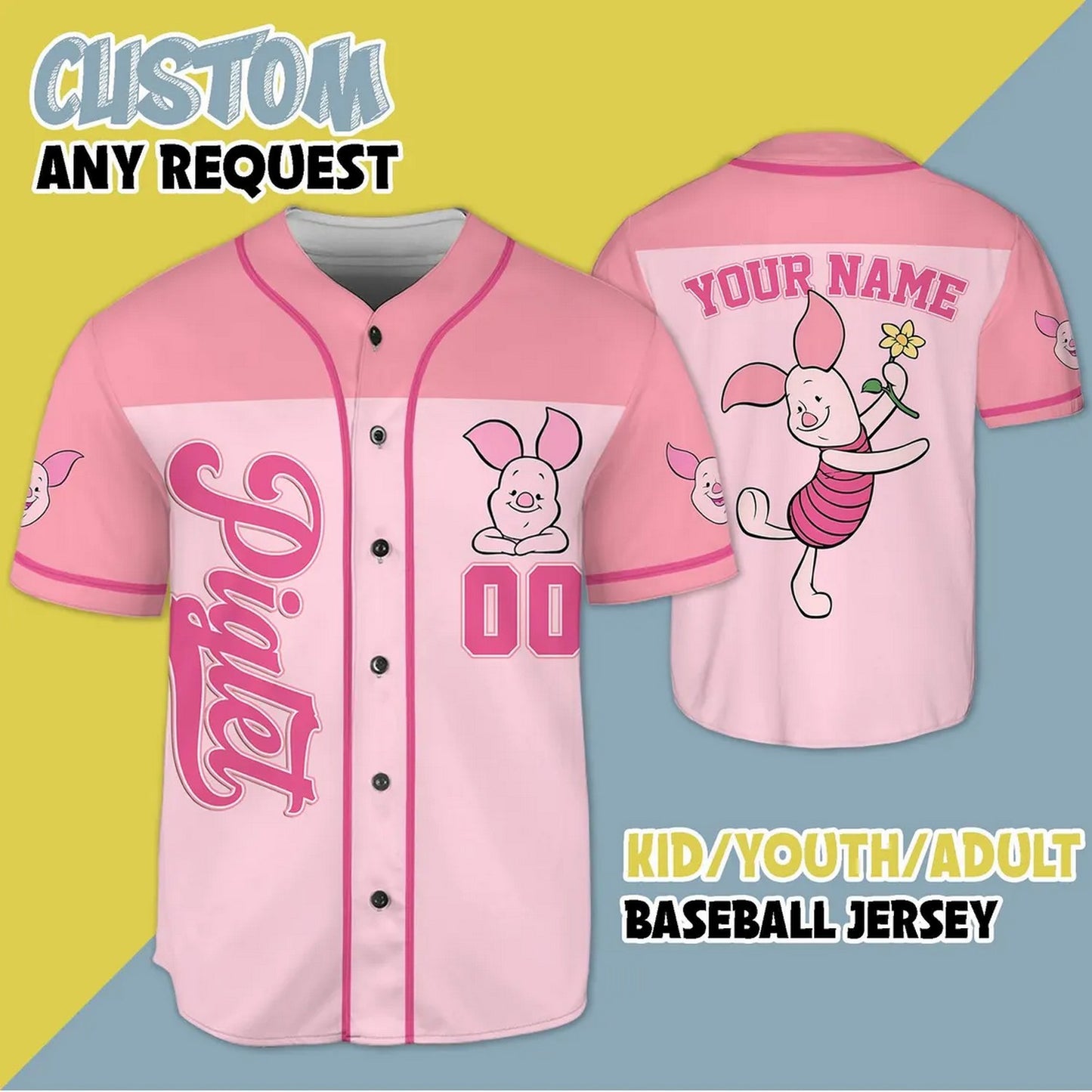 Custom Name And Number Winnie The Pooh Piglet Baseball Jersey