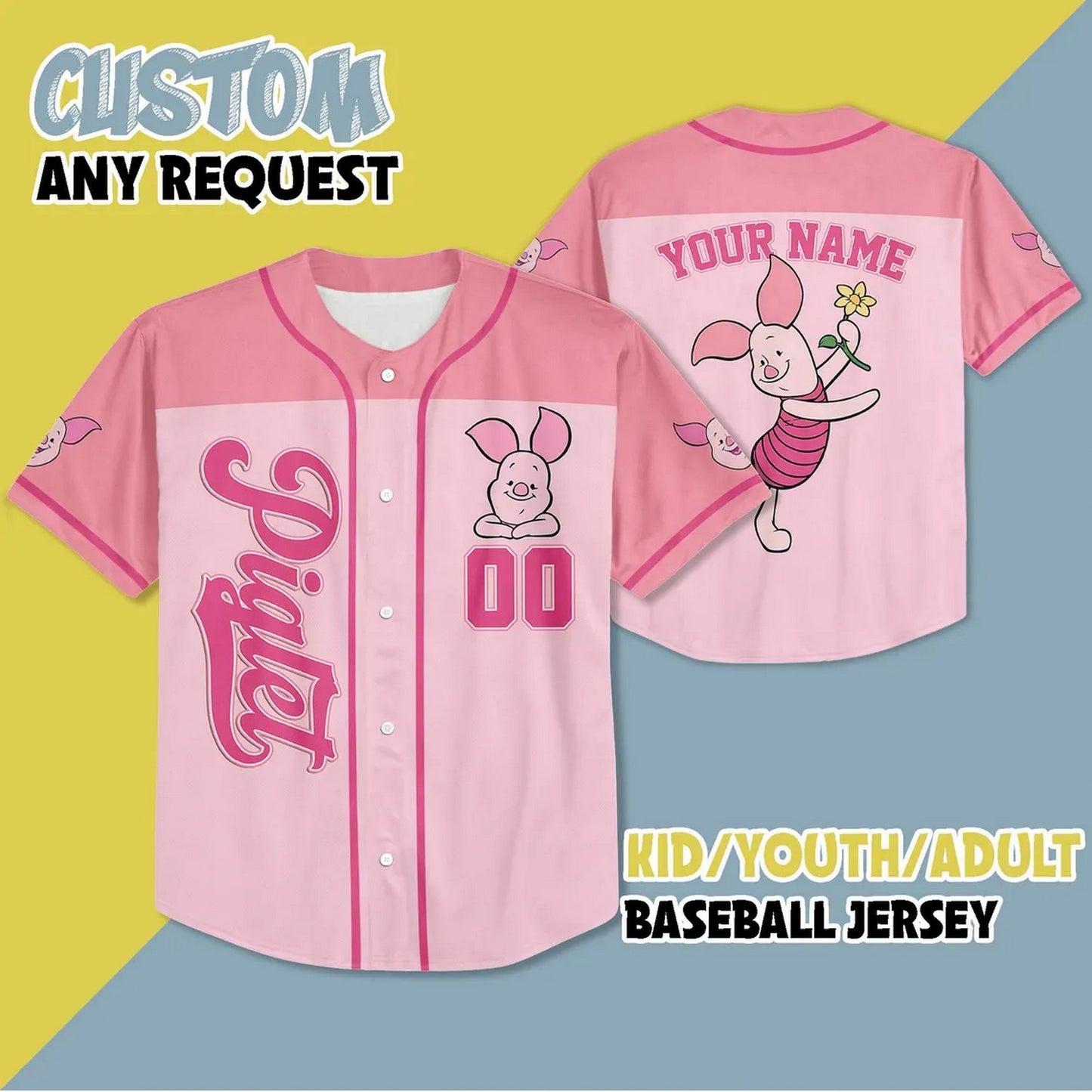 Custom Name And Number Winnie The Pooh Piglet Baseball Jersey
