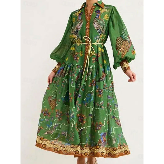 Women's Midi Dress A Line Dress Work Dresses Vacation Lantern Sleeve Vacation Casual Daily Regular Fit Graphic Short Sleeve Shirt Collar Green Summer