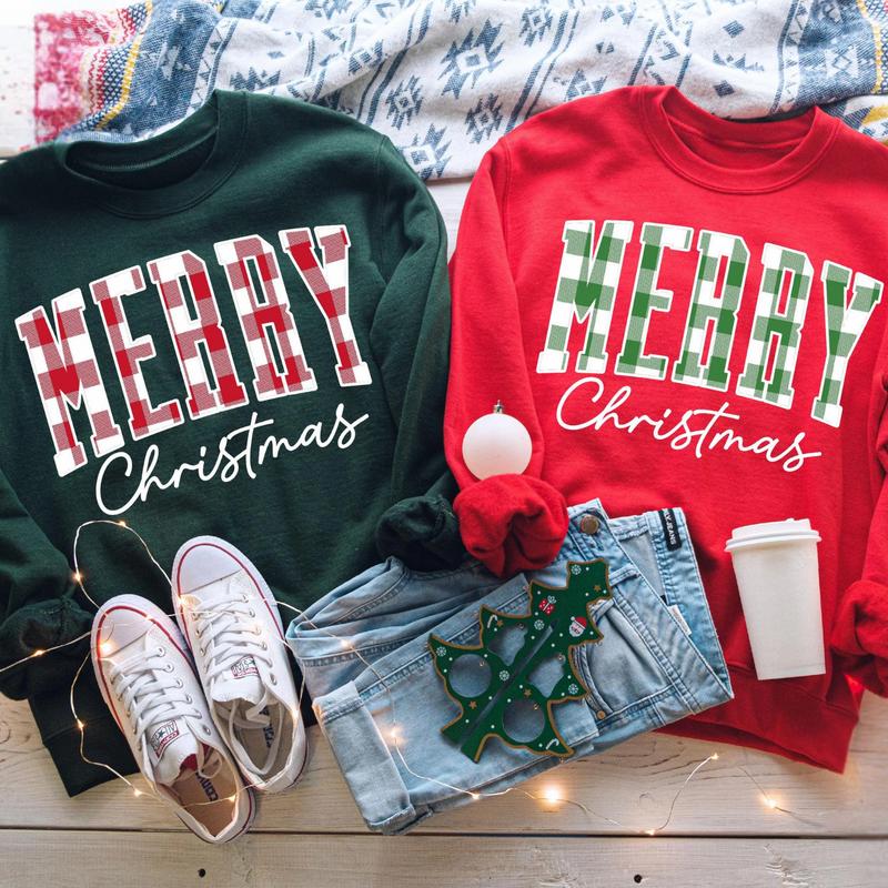 Merry Christmas Buffalo Plaid Sweatshirt - Cute Xmas Family Crewneck, Winter Holiday Gift for Her, WomenÃ¢â‚¬â„¢s Christmas Sweater, Gift for Best Friend, Gi