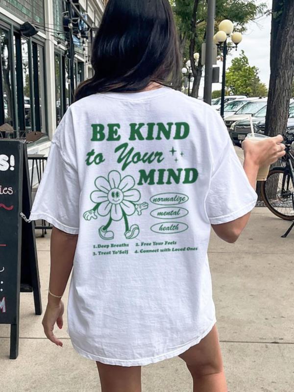 Women's Cartoon Letter & Floral Graphic Print Round Neck Tee, Summer Clothes WomenÃ‚Â Casual Fashion Drop Shoulder Short Sleeve T-shirt for Summer, Ladie