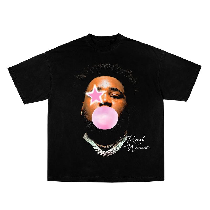 Rod Wave Pink Bubble Gum Star Shirt Rapper Hip Hop Signature Big Face Graphic  Fashion Cotton Menswear