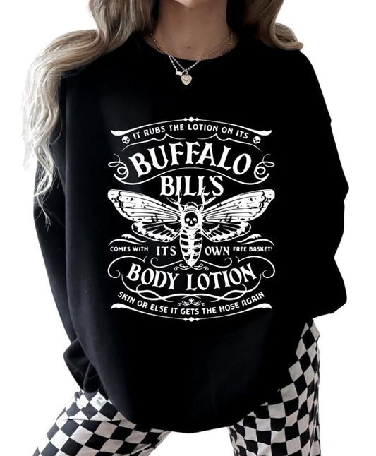 Buffalo Bill Sweatshirt - Blue Fleece Hoodie with Butterfly Graphic Design, Featuring It RUBS THE LOTION Text, Long Sleeve, Casual Style Sweathsirt