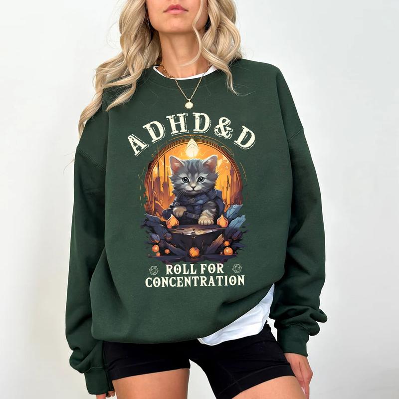 ADHD&D Roll for Concentration Sweatshirt,  ADHD&D Cat Shirt, Dungeons and Dragons Dnd T-shirt, DnD Vintage Tee, ADHD Unisex shirt, DnD Shirt, RPG Gift