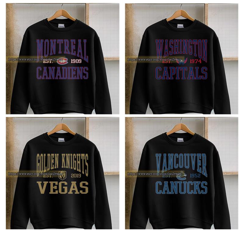 Gildan Black All Hockey Teams Sweatshirt, Vintage Hockey Crewneck, Casual Cotton, 100% Cotton, Comfortable Fit, Machine Washable - Fabric