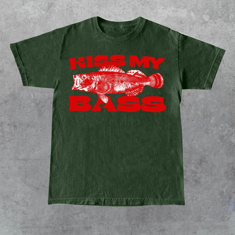 Kiss My Bass Vintage Style Fishing T-Shirt, Retro Fisher T Shirt, Fisher Gear, Fisher Graphic Shirt, Adult Unisex Relaxed Cotton Shirt - Red Design Li