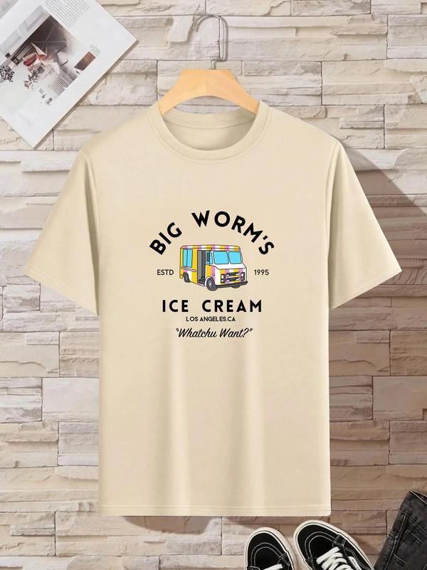 Summer Clothes, Men's Cartoon & Letter Print Round Neck Tee, Regular Fit Casual Soft Slogan Graphic Short Sleeve T-shirt for Summer,  T Shirts for Men