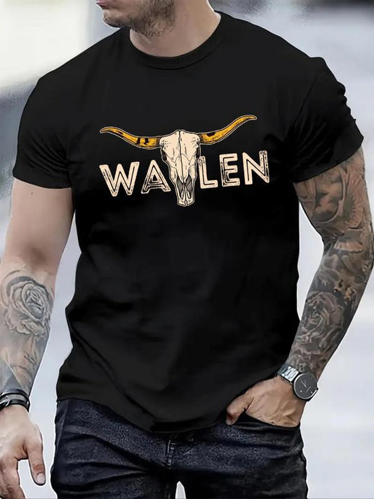 Men's Bull Head & Letter Print Round Neck Graphic Tee,Ã‚Â Graphic Tees for Men, T Shirts for Men, Regular Fit Casual Short Sleeve Crew Neck T-shirt, Fash