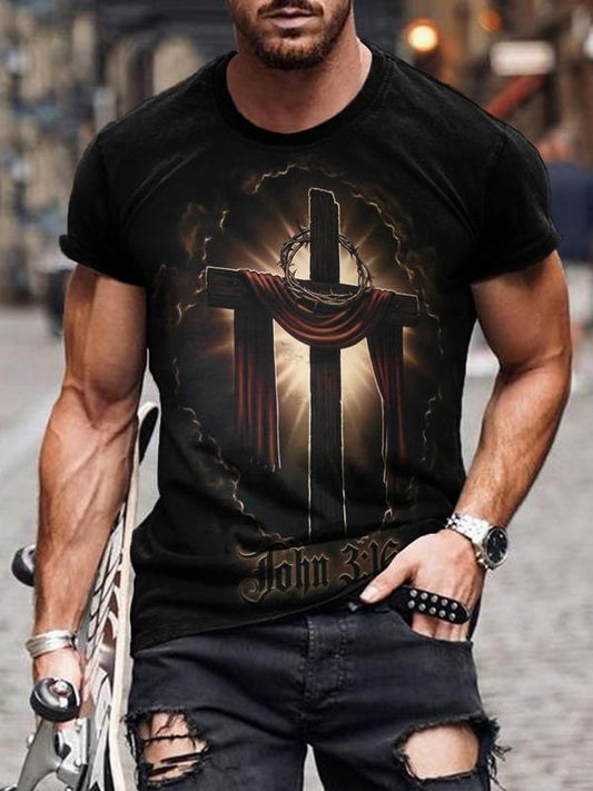 Men's Cross & Letter Print Round Neck Tee, Regular FitÃ‚Â Crew Neck Short Sleeve T-Shirt for Men, Casual Streetwear Top for Summer, Vintage Graphic Tees