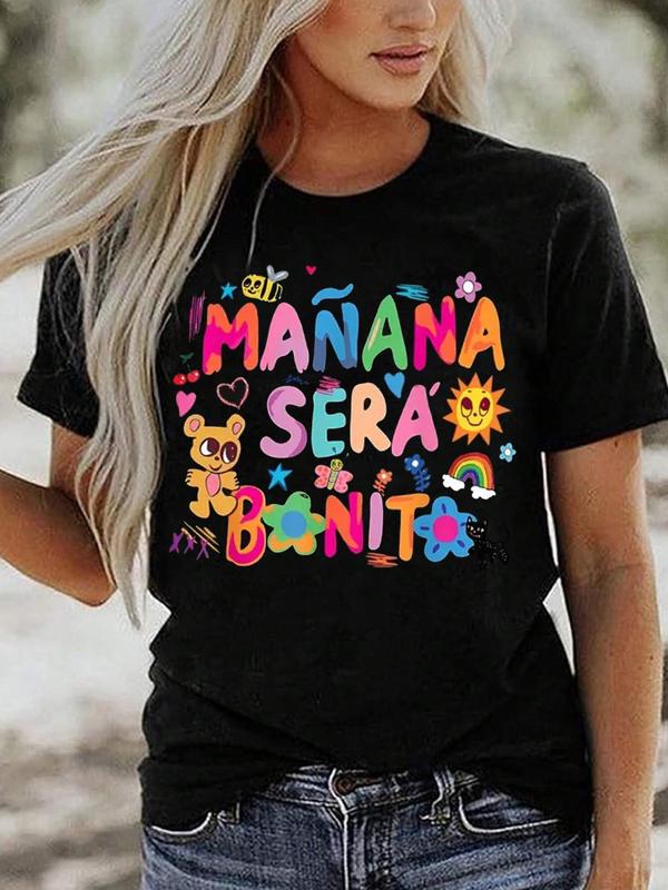 Women's Cartoon Bear & Letter Print Round Neck Tee, Casual Short Sleeve T-shirt,fall Outfits 2024, Womenswear Top, Graphic Tees, Back To School Outfit