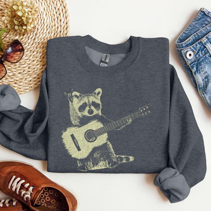 Raccoon Playing A Guitar, Funny Animals Sweatshirt Casual Comfort Womenswear ComfortableÃ‚Â Graphic