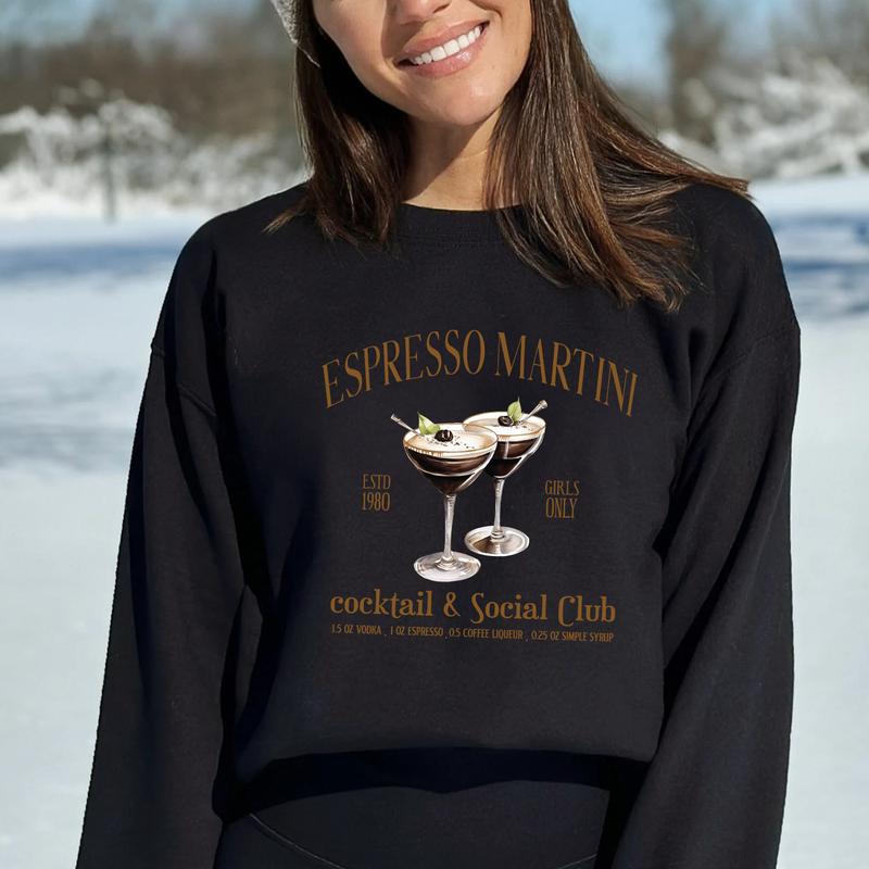 Women's Letter & Drink Print Drop Shoulder Sweatshirt, Casual Long Sleeve Round Neck Pullover for Fall & Winter, Ladies Clothes for Daily Wear, Crewne